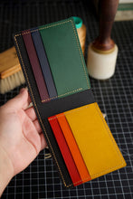 Load image into Gallery viewer, Eight Pocket Traditional Bifold - Horween Ultraviolet Shell Cordovan, Rainbow Buttero & Black Chèvre