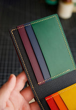 Load image into Gallery viewer, Eight Pocket Traditional Bifold - Horween Ultraviolet Shell Cordovan, Rainbow Buttero & Black Chèvre