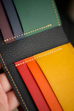 Load image into Gallery viewer, Eight Pocket Traditional Bifold - Horween Ultraviolet Shell Cordovan, Rainbow Buttero & Black Chèvre