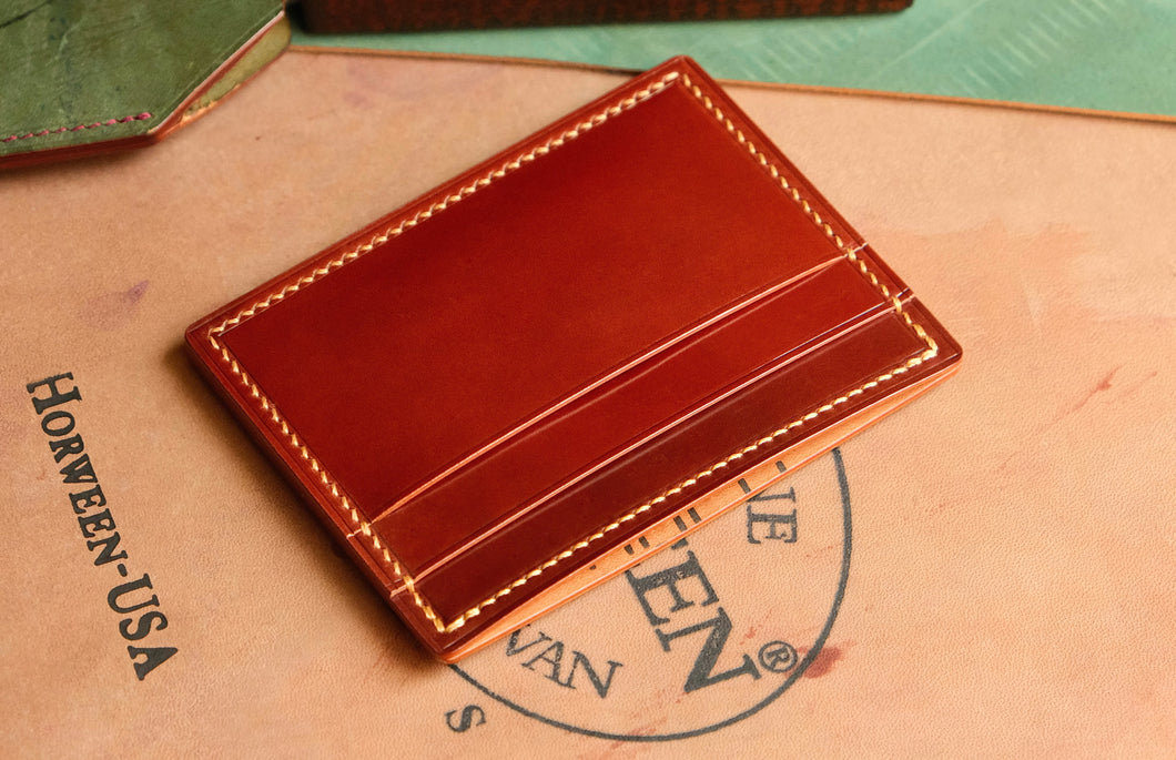 Five Pocket Cardcase - Horween Color #2 and Amaretto Shell Cordovan, Brass Thread.